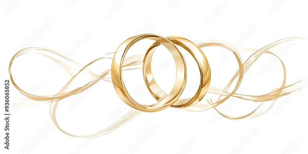 Fototapeta premium Minimalist two golden wedding rings intertwined, symbolizing love and commitment isolated on a white background