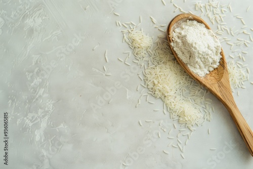 Wooden spoon filled with white flour spills onto a marble surface, creating a rustic, culinary ambiance. photo