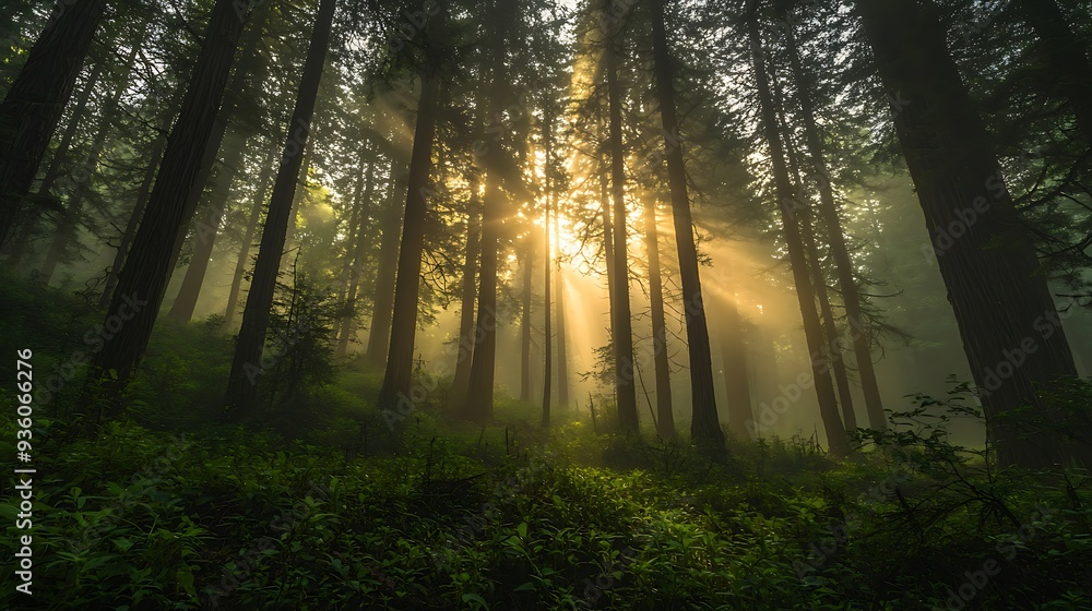 Naklejka premium Sunbeams through misty forest trees, creating a magical and serene atmosphere as the light filters through the dense woodland.