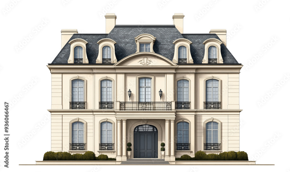 Fototapeta premium Beautiful luxury mansion exterior design with entrance and windows, isolated on white background.