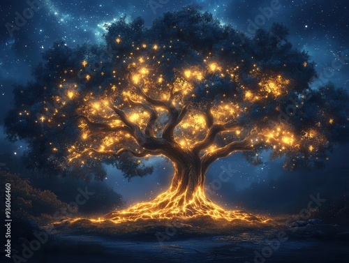 mystical tree of life with intricate glowing branches reaching towards a starry sky roots intertwine with sacred symbols representing growth interconnectedness and spiritual wisdom