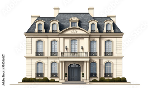 Fototapeta Naklejka Na Ścianę i Meble -  Beautiful luxury mansion exterior design with entrance and windows, isolated on white background.