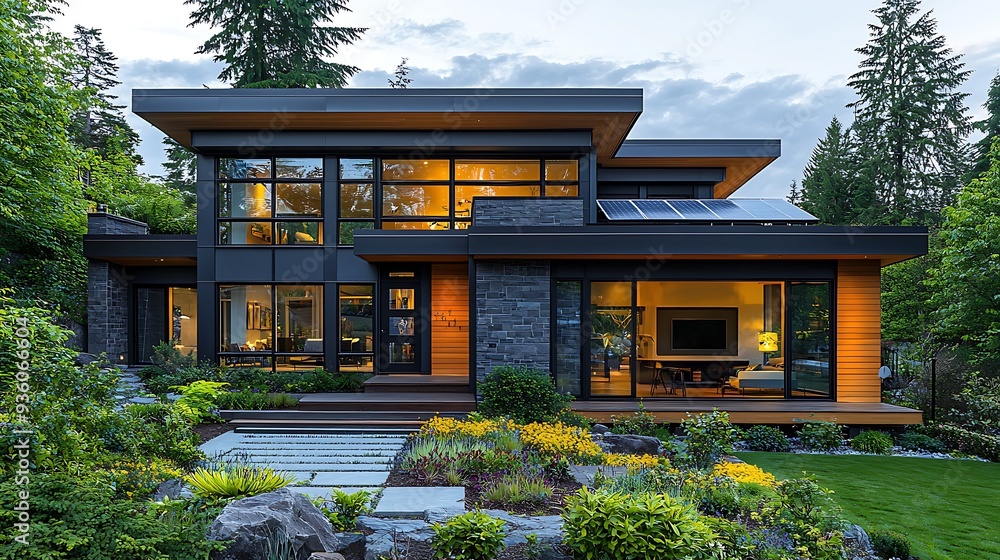 Modern home with a stone facade, large windows, and green landscaping, blending contemporary design with natural beauty. Modern home with a stone facade, large windows, and green landscaping, blending contemporary design with natural beauty.