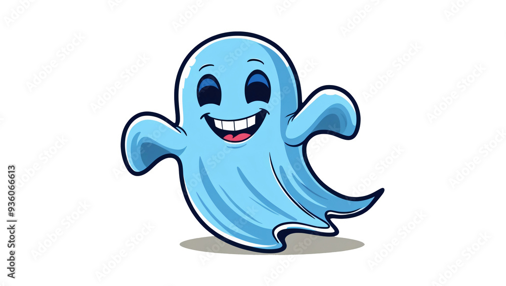 Cartoon-style illustration of a friendly ghost with light blue sheet, dark blue outlines, large black eyes, smiling mouth, white background, playful and approachable, generative AI Cartoon-style illustration of a friendly ghost with light blue sheet, dark blue outlines, large black eyes, smiling mouth, white background, playful and approachable, generative AI