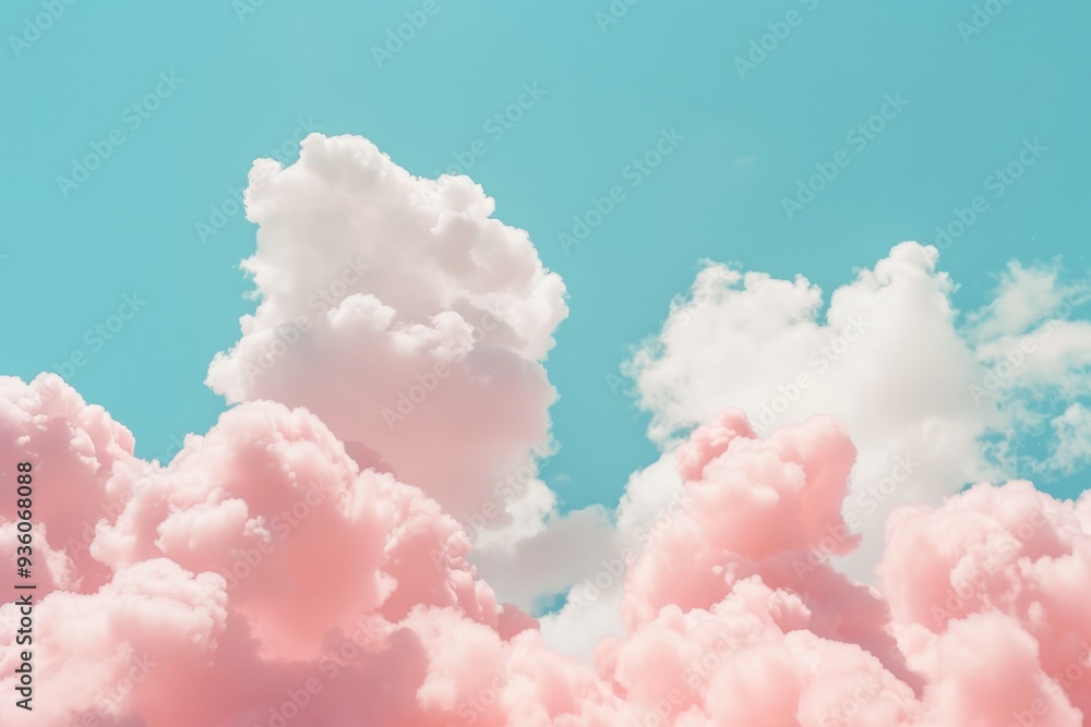 Fluffy pink clouds set against a bright, clear blue sky create a dreamy and surreal visual, evoking feelings of whimsy and tranquility. Fluffy pink clouds set against a bright, clear blue sky create a dreamy and surreal visual, evoking feelings of whimsy and tranquility.