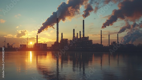 Industrial sunset with smoke stack emissions and reflection in water, blending the harsh reality of industry with the serene beauty of nature at dusk.