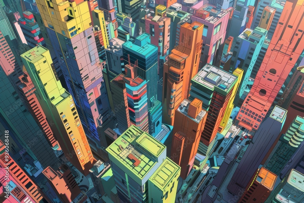 Obraz premium An aerial view of a colorful, cartoon-style city with tall buildings.