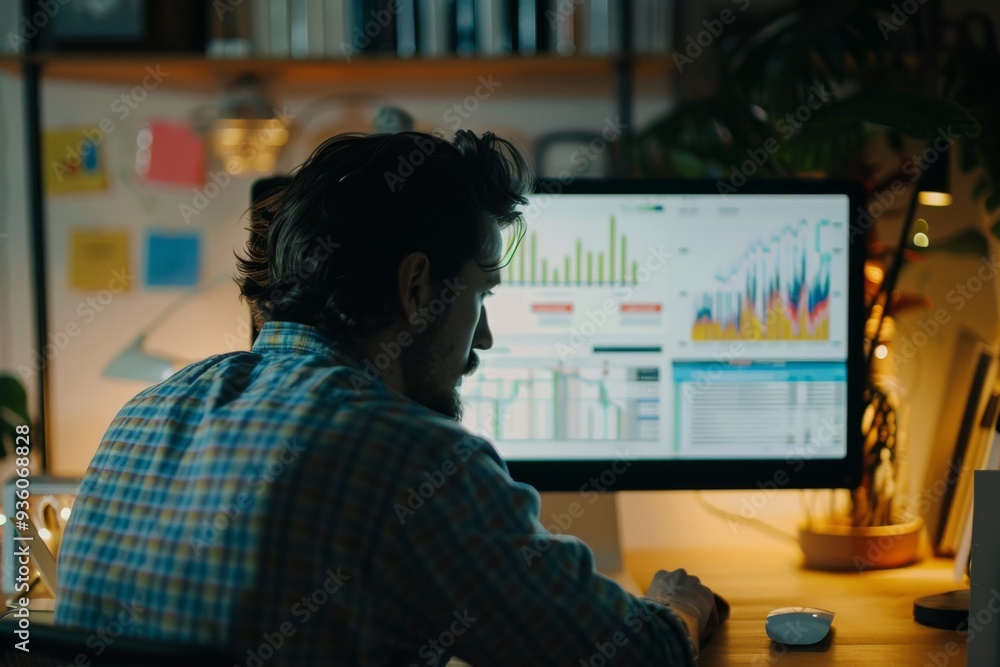 A man working late at night in his office, focused on a computer screen with colorful graphs and charts, illuminated by desk lamps. A man working late at night in his office, focused on a computer screen with colorful graphs and charts, illuminated by desk lamps.