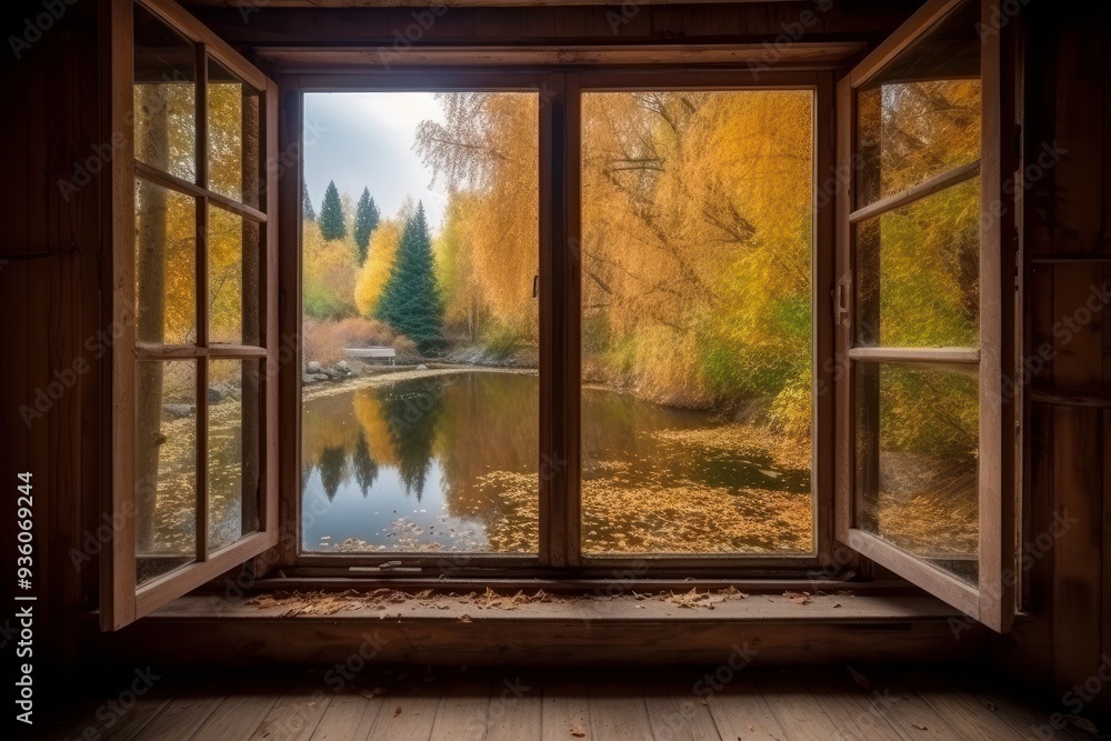 Fototapeta premium Open Window Overlooking Autumn Trees and Serene Lake