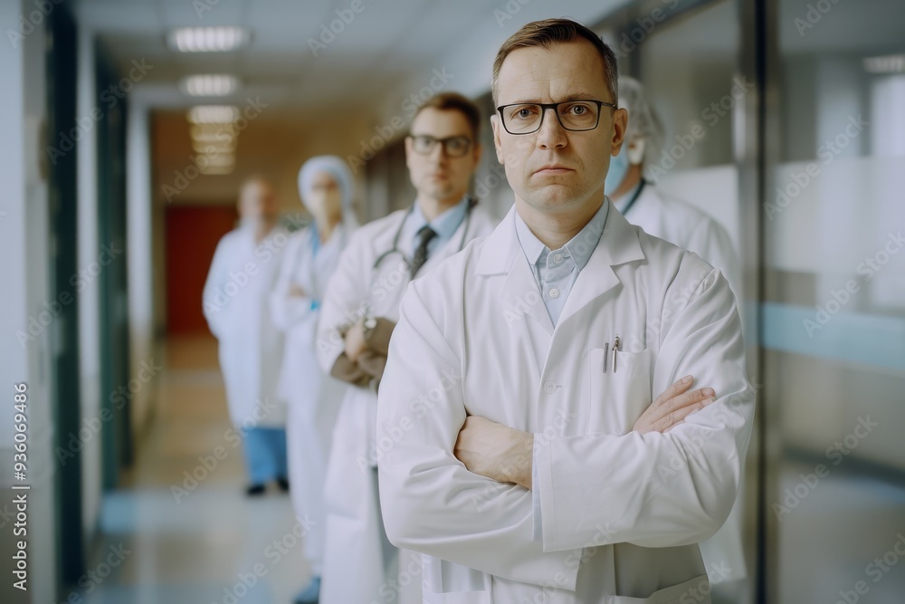 A team of stern-looking doctors stands in a row in a hospital corridor, exuding professionalism and readiness. A team of stern-looking doctors stands in a row in a hospital corridor, exuding professionalism and readiness.