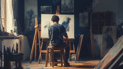 Wallpaper Mural Artist Sketching in a Studio: An artist sitting on a stool in a studio, sketching on a large canvas.
 Torontodigital.ca