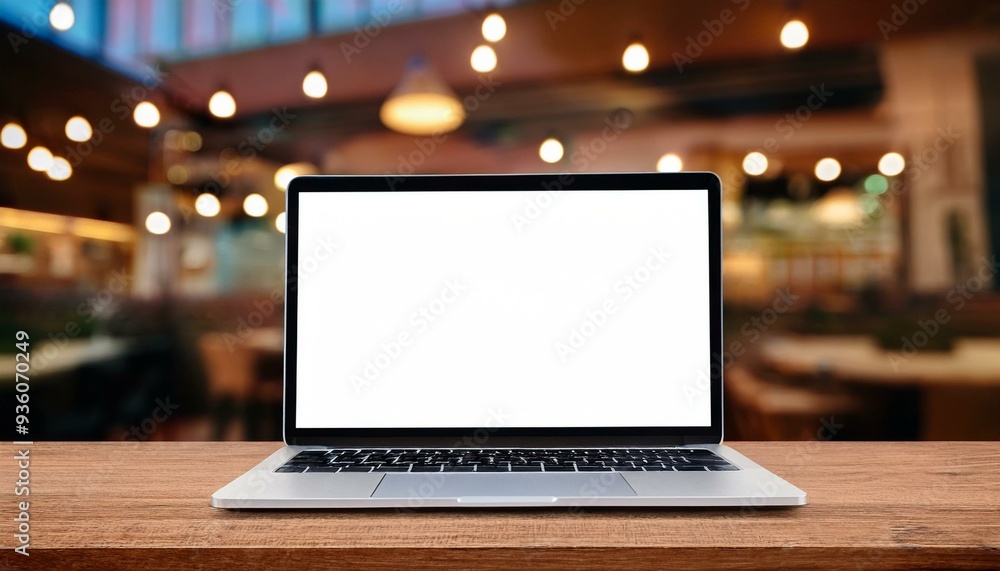 Laptop with blank screen on wood table with cafe coffee shop blur background
Laptop with blank screen on wood table with cafe coffee shop blur background