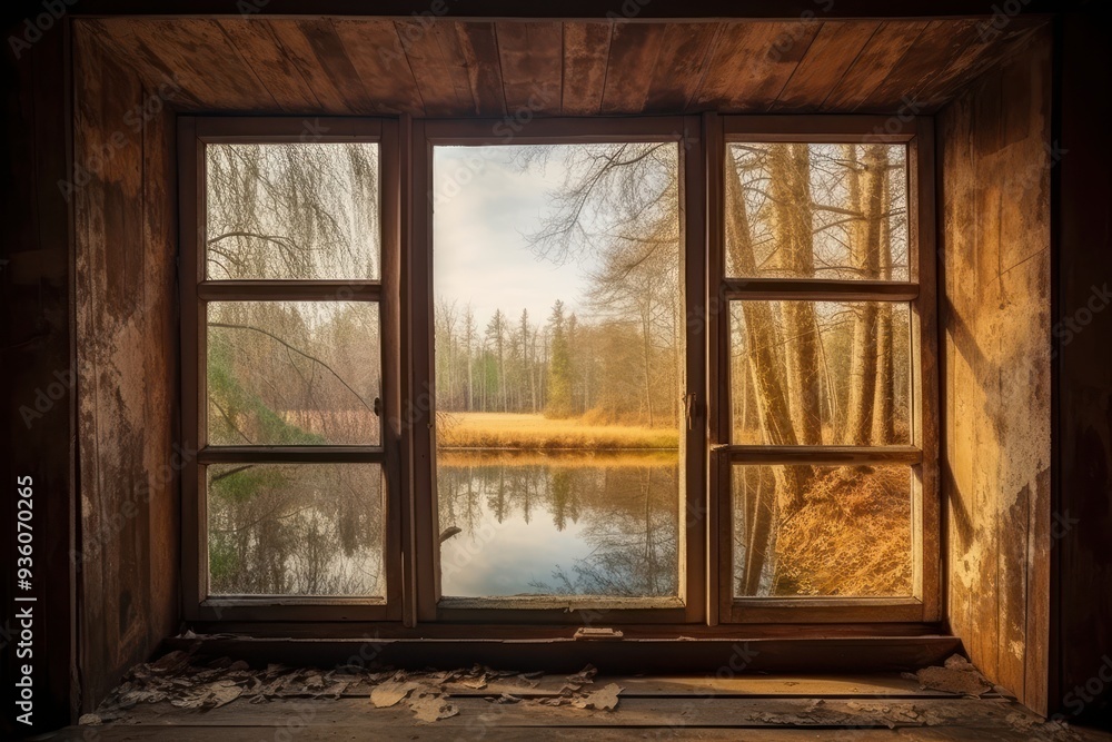 Fototapeta premium Open Window Overlooking Autumn Trees and Serene Lake