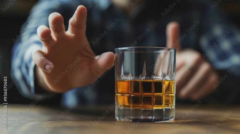 Person rejecting a glass of whiskey showing signs of alcohol addiction or recovery.