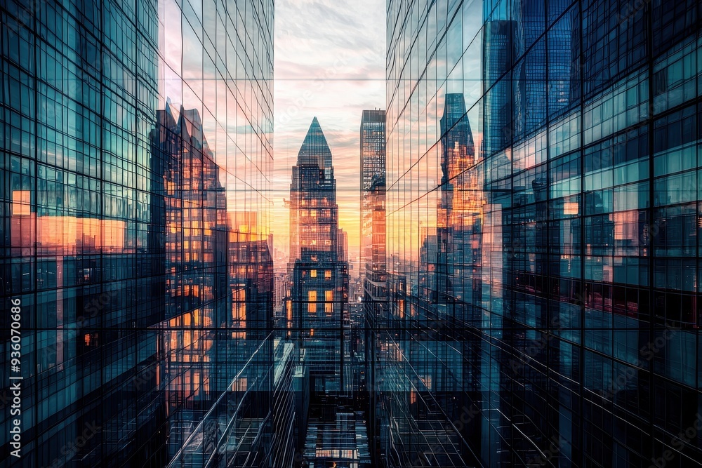 A city skyline with a sunset in the background, creating a sense of depth and perspective. A city skyline with a sunset in the background, creating a sense of depth and perspective.