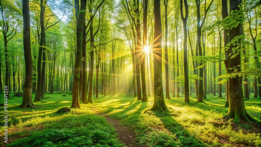 Fototapeta premium Fresh green forest after winter with sunlight streaming through trees