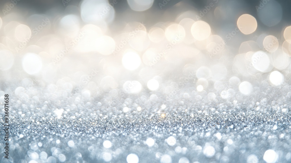 Fototapeta premium Blurry silver and white glitter background with twinkling lights, leaving room for text in the center. Suitable for winter or luxury designs.