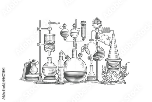 Laboratory, chemistry, alchemy. Hand drawn engraving style illustrations. Etched vector illustration.	