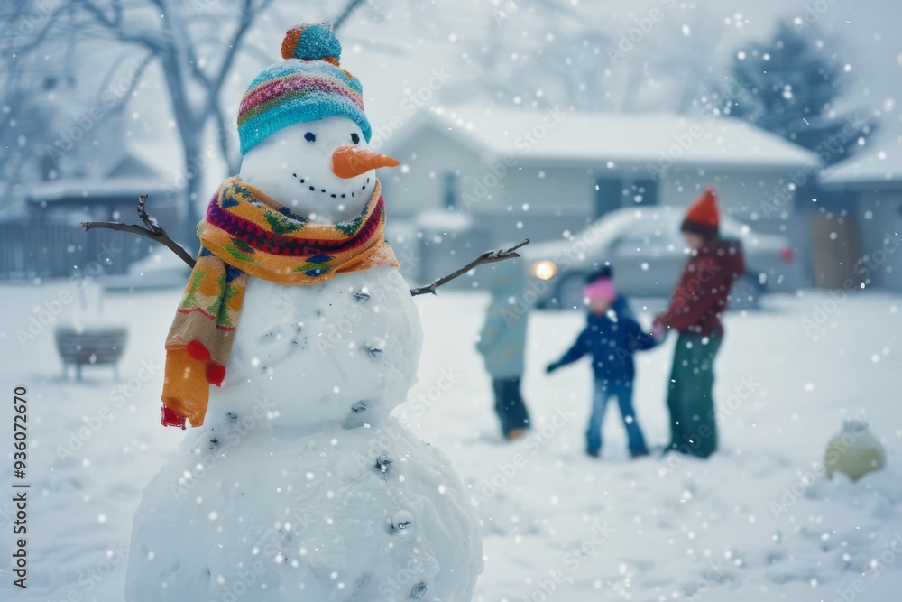 Obraz premium A cheerful snowman wearing a bright scarf and hat, amidst a snowy yard where children play, exuding warmth despite the cold surroundings.