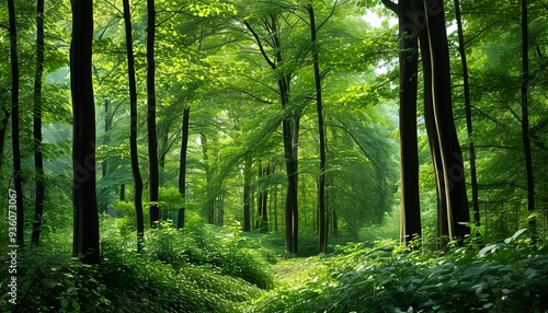 The lush forest, the trees are tall and straight, the green trees are shaded, and the atmosphere is peaceful and natural.