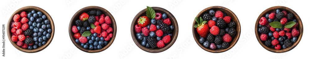 Fresh berries in a wooden bowl isolated on a transparent or white background, top view, cut out, PNG Fresh berries in a wooden bowl isolated on a transparent or white background, top view, cut out, PNG