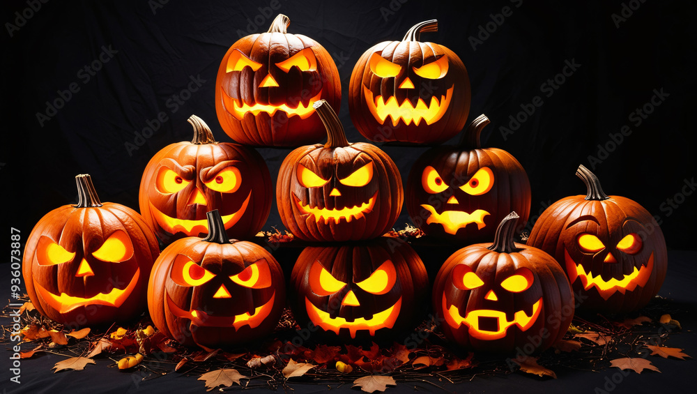 Pyramid arrangement of carved pumpkins with diverse facial expressions, illuminated against a black background, autumn leaves and twigs, high-resolution, generative ai Pyramid arrangement of carved pumpkins with diverse facial expressions, illuminated against a black background, autumn leaves and twigs, high-resolution, generative ai