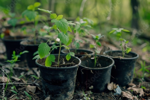 Small potted plants in black plastic containers on the forest ground, representing an effort to nurture and reforest the environment.