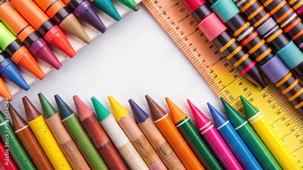 Naklejka premium A Collection of Colorful Crayons, Colored Pencils, and a Ruler