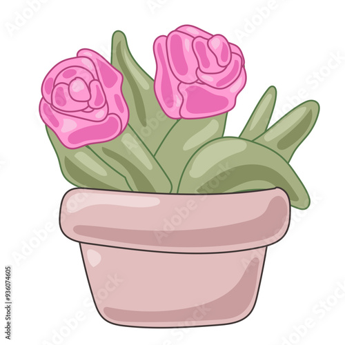 Doodle Flower and Pot Cartoon Icon. Abstract Bright Domestic Floral Plant in Vase Decorative Element Symbol Silhouette.