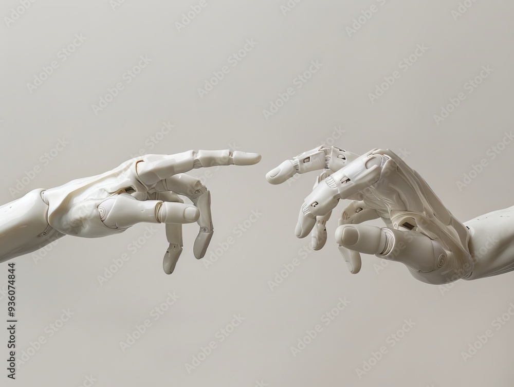 Two white robot hands reaching towards each other on a blue background. Two white robot hands reaching towards each other on a blue background.