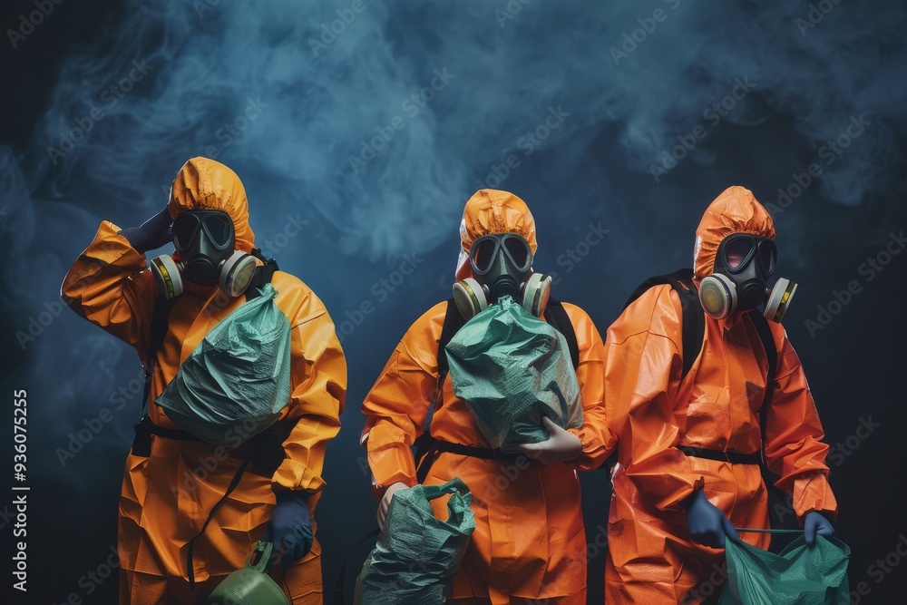 Three individuals in orange hazmat suits stand against a smoky backdrop, holding green bags, ready for a hazardous operation. Three individuals in orange hazmat suits stand against a smoky backdrop, holding green bags, ready for a hazardous operation.