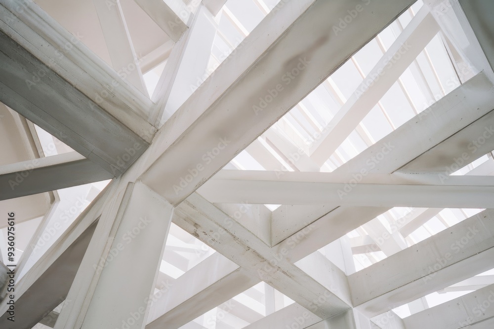 An intricate pattern of white beams forming a complex geometric design, creating a bright and modern architectural ceiling against a backdrop of diffused light. An intricate pattern of white beams forming a complex geometric design, creating a bright and modern architectural ceiling against a backdrop of diffused light.