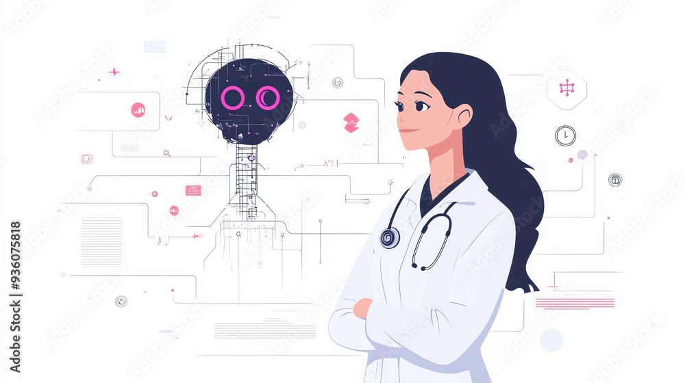 A medical professional stands confidently next to a robot, symbolizing the future of healthcare technology and innovation. A medical professional stands confidently next to a robot, symbolizing the future of healthcare technology and innovation.