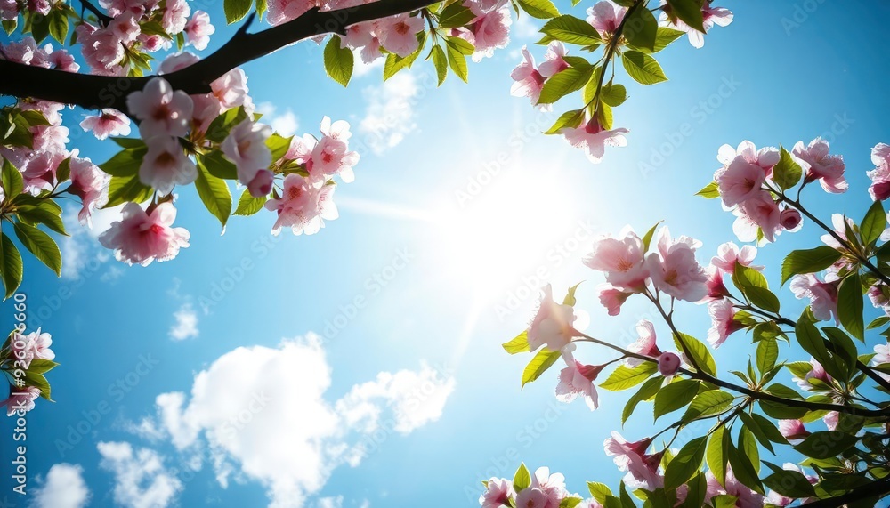 stretch ceiling sky image. tropical sunny sky and white, pink cherry blossoms. green tree leaves. Bottom-up view of the sky and flowers, ai stretch ceiling sky image. tropical sunny sky and white, pink cherry blossoms. green tree leaves. Bottom-up view of the sky and flowers, ai