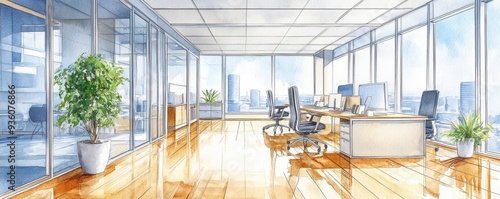 Modern office interior with large windows and wooden floors.