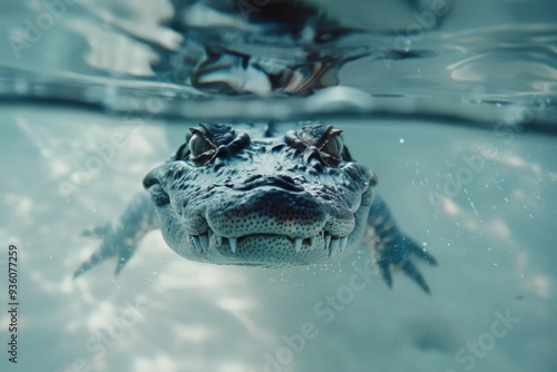 Wallpaper Mural A crocodile emerges from underwater, its eyes peering just above the surface, creating an intense and captivating wildlife moment. Torontodigital.ca