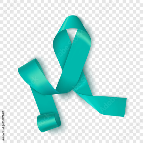 Teal Awareness ribbon. Awareness for cervical cancer, Ovarian Cancer, Polycystic Ovary Syndrome (PCOS), Post Traumatic Stress Disorder(PTSD), Obsessive Compulsive Disorder(OCD). Vector 3d illustration
