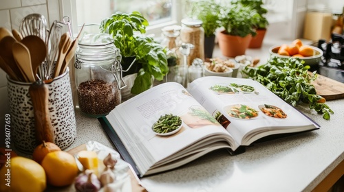 Open Cookbook on Kitchen Counter with Fresh Ingredients