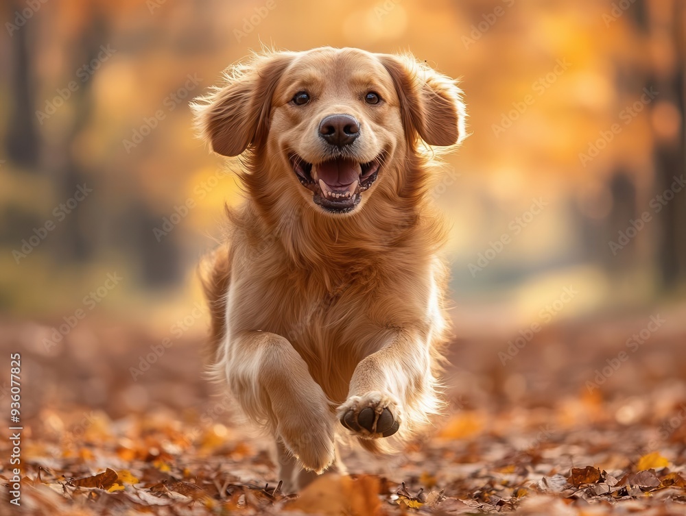 joyful golden retriever frolicking in vibrant autumn forest rich oranges and reds sunbeams filtering through leaves joyful golden retriever frolicking in vibrant autumn forest rich oranges and reds sunbeams filtering through leaves
