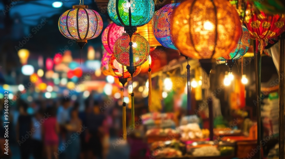 Naklejka premium Vibrant street market in Bangkok, Thailand, showcasing colorful lanterns creating a lively and festive atmosphere