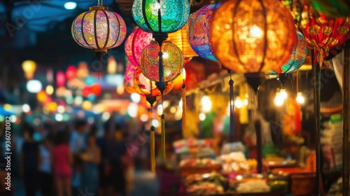 Wallpaper Mural Vibrant street market in Bangkok, Thailand, showcasing colorful lanterns creating a lively and festive atmosphere Torontodigital.ca