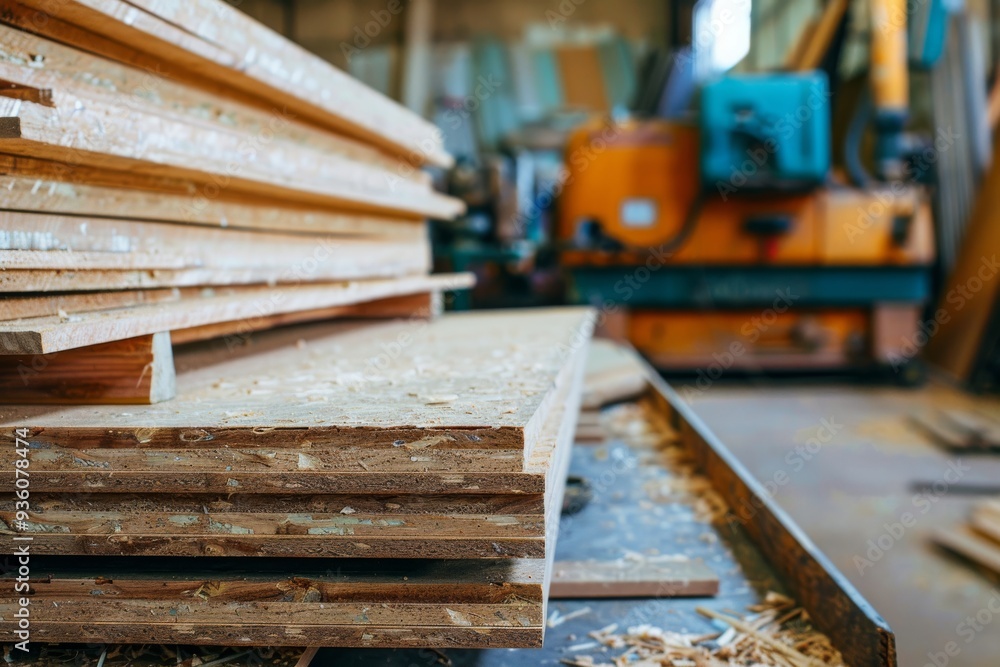 Neatly stacked wood panels in a workshop, with sawdust and tools around, emphasizing the art and labor of woodworking.