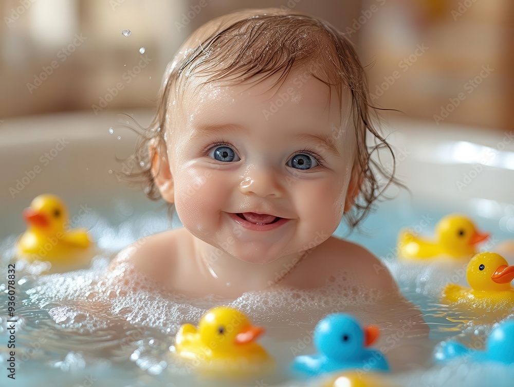joyful scene of a giggling baby splashing in a bubblefilled bathtub surrounded by colorful rubber ducks and floating toys capturing the pure delight of bathtime joyful scene of a giggling baby splashing in a bubblefilled bathtub surrounded by colorful rubber ducks and floating toys capturing the pure delight of bathtime