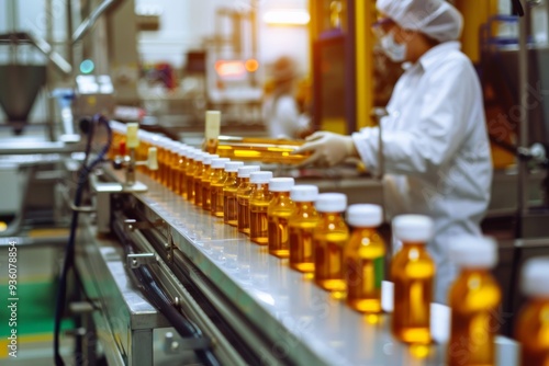 Workers in a sterile production line assembling and bottling medication against a backdrop of industrial equipment and organized rows.