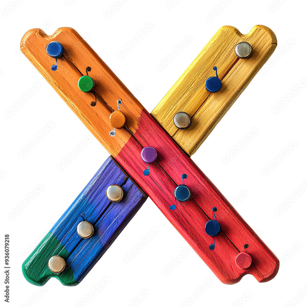 Colorful toy xylophone arranged in an X shape, showcasing vibrant hues and playful design, perfect for kids' musical fun Colorful toy xylophone arranged in an X shape, showcasing vibrant hues and playful design, perfect for kids' musical fun