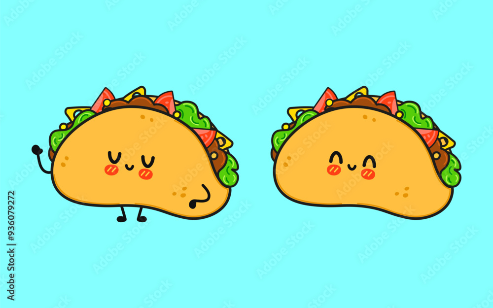 Taco character. Vector hand drawn cartoon kawaii character illustration icon. Isolated on blue background. Tacos character concept Taco character. Vector hand drawn cartoon kawaii character illustration icon. Isolated on blue background. Tacos character concept
