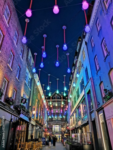 Photography Carnaby: evening street decorated with lights and neon