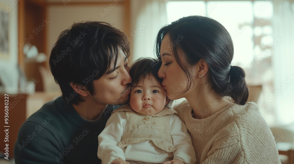 Korean Parents Kissing Their Children's Cheeks in the Living Room Korean Parents Kissing Their Children's Cheeks in the Living Room
