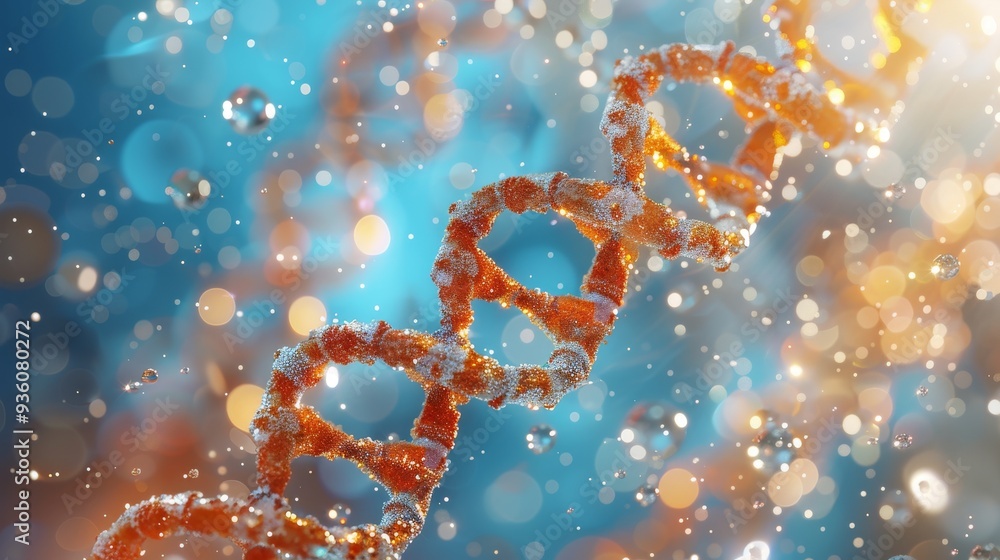 Beautiful blue DNA double helix spiral with light bokeh and bubbles, gracefully floating on a blue background Beautiful blue DNA double helix spiral with light bokeh and bubbles, gracefully floating on a blue background