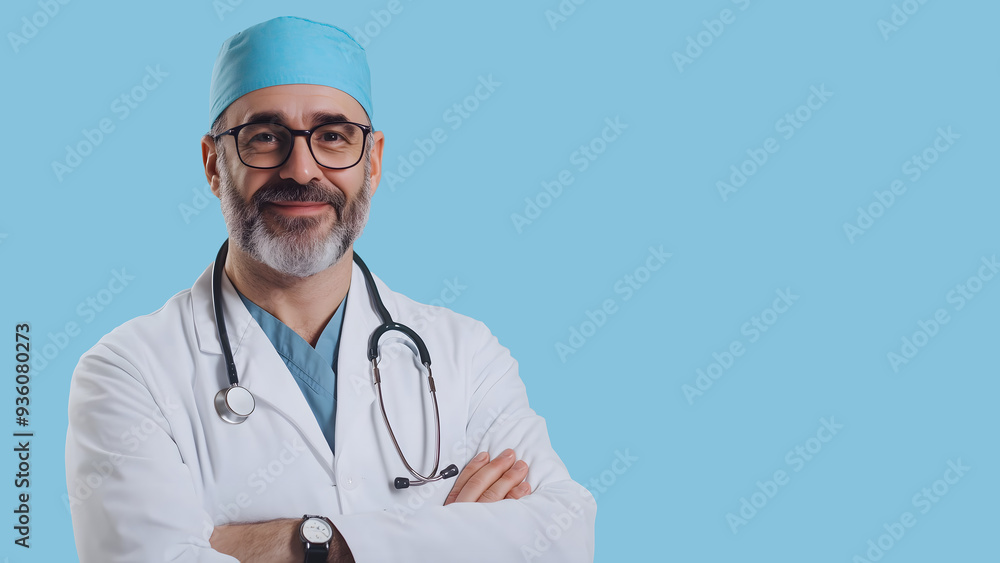 Experienced Surgeon Male Doctor standing crossed arms wearing Stethoscope on his neck and on isolated background Experienced Surgeon Male Doctor standing crossed arms wearing Stethoscope on his neck and on isolated background